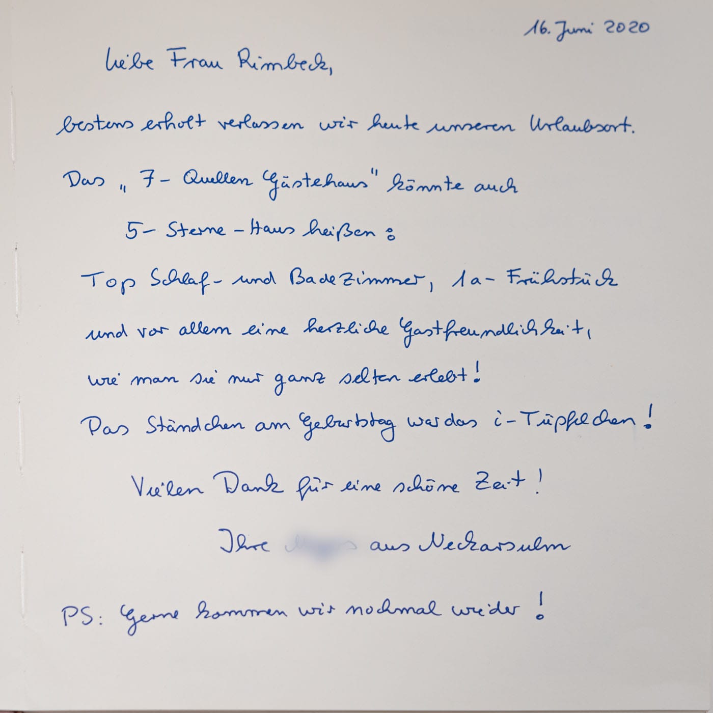 Gästebuch-Eintrag – 5-Sterne-Haus, herzliche Gastfreundschaft