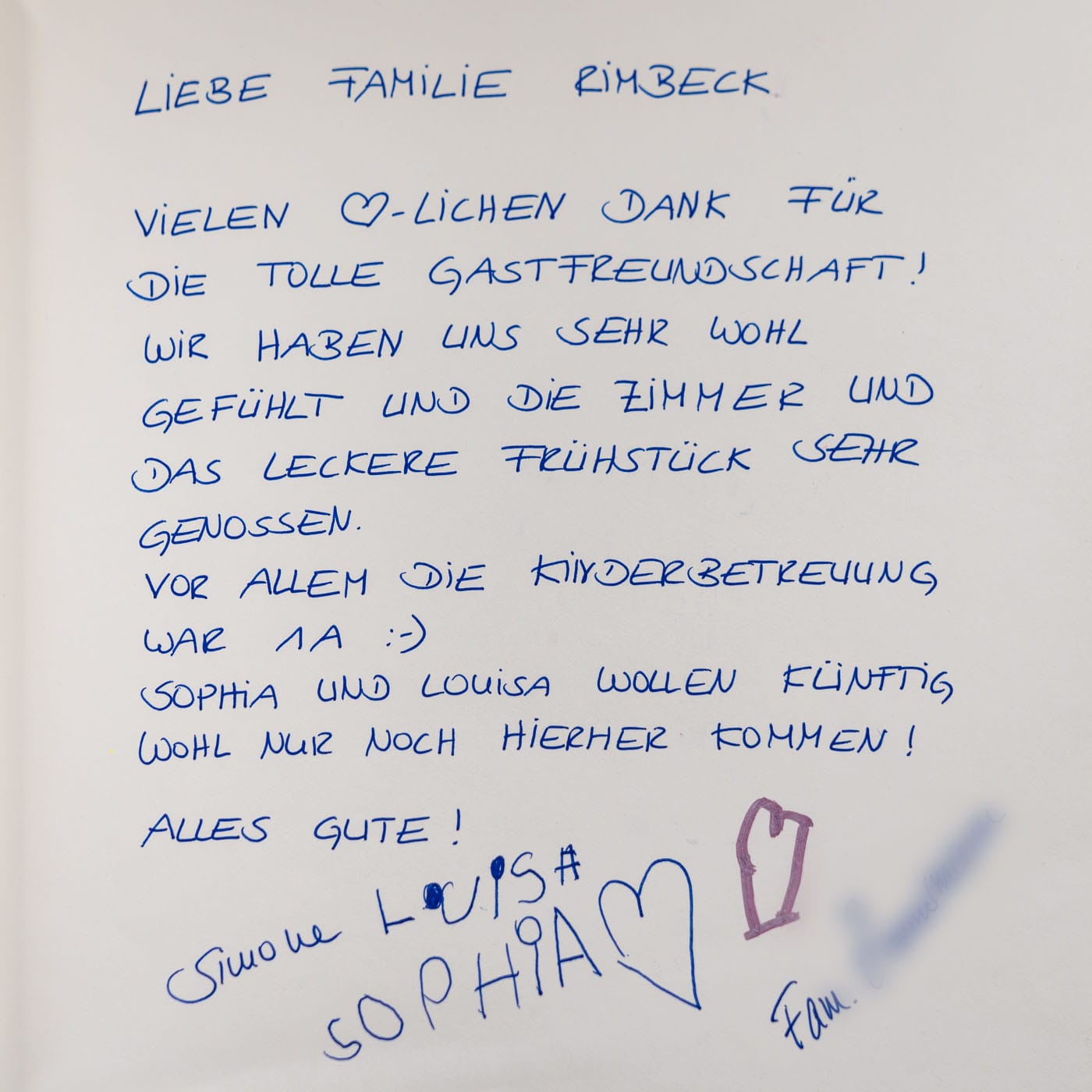 Gästebuch-Eintrag – Tolle Gastfreundschaft, Familie Simone
